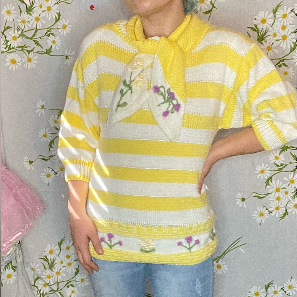 Vintage hand knit balloon half sleeve yellow white stripe floral granny sweater - Picture 1 of 8